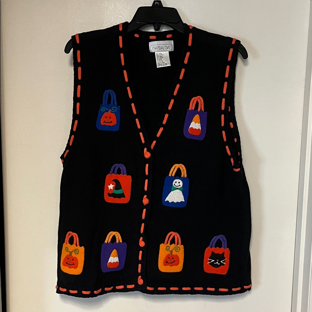 Vintage Halloween V-Neck Sweater Vest - Black with Orange Accents